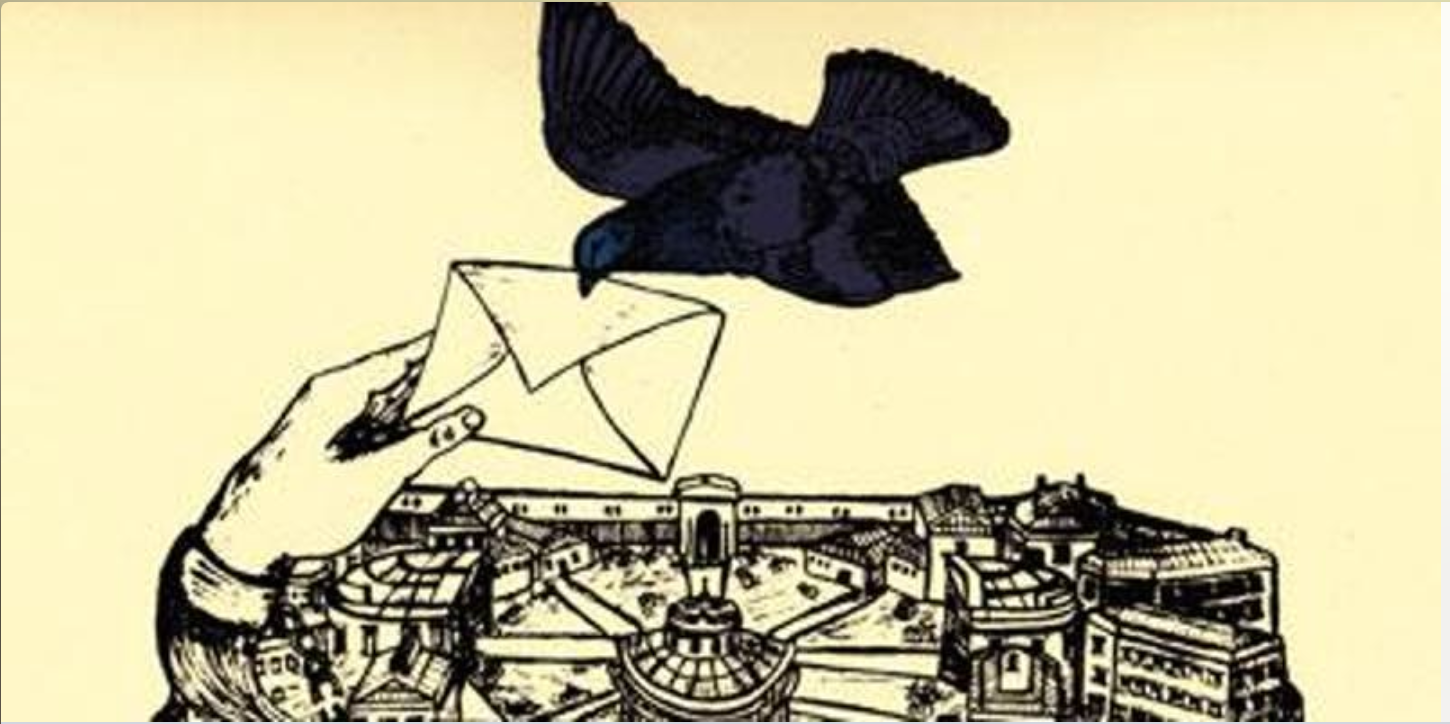 an image of a hand passing an envelope to a black bird flying above a prison, suggesting delivery of a letter to or from an incarcerated person